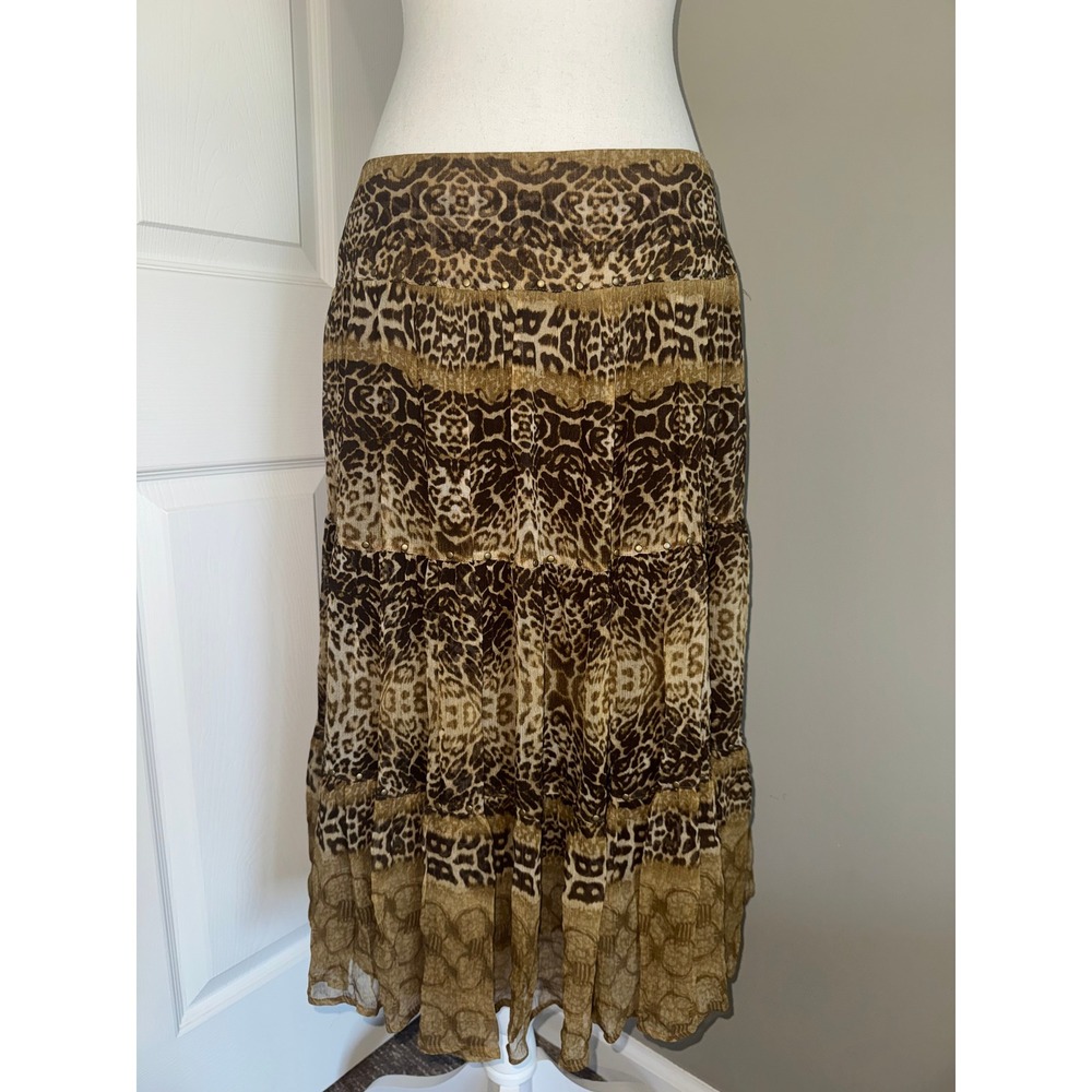 Grace Elements Silk Animal Print Tiered Midi Skirt Leopard Studded 10P Y2K NEW